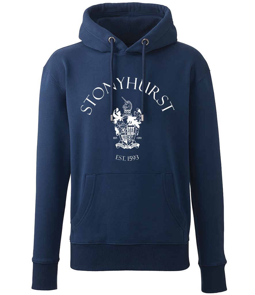 Stonyhurst White Logo Navy Organic Hoodie (Mens/Unisex)