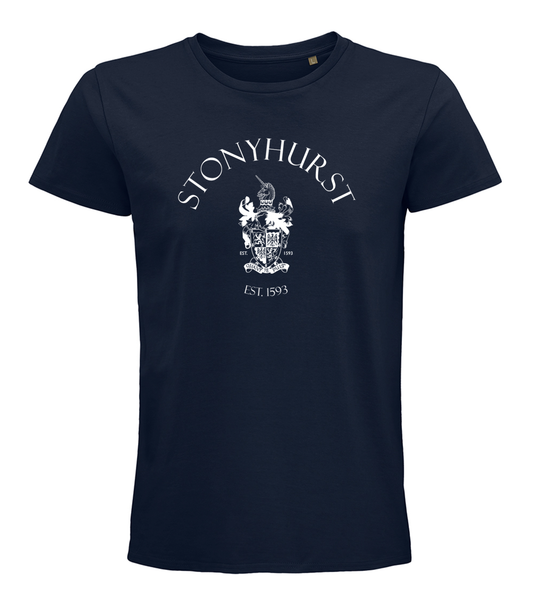 Stonyhurst White Logo Navy Organic T-Shirt (Unisex/Mens)