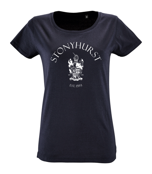 Stonyhurst White Logo Navy Organic T-Shirt (Womens)